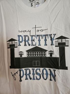 DC White Short Sleeve Tee with Black Prison Graphic and Blue Glitter-Effect Text
